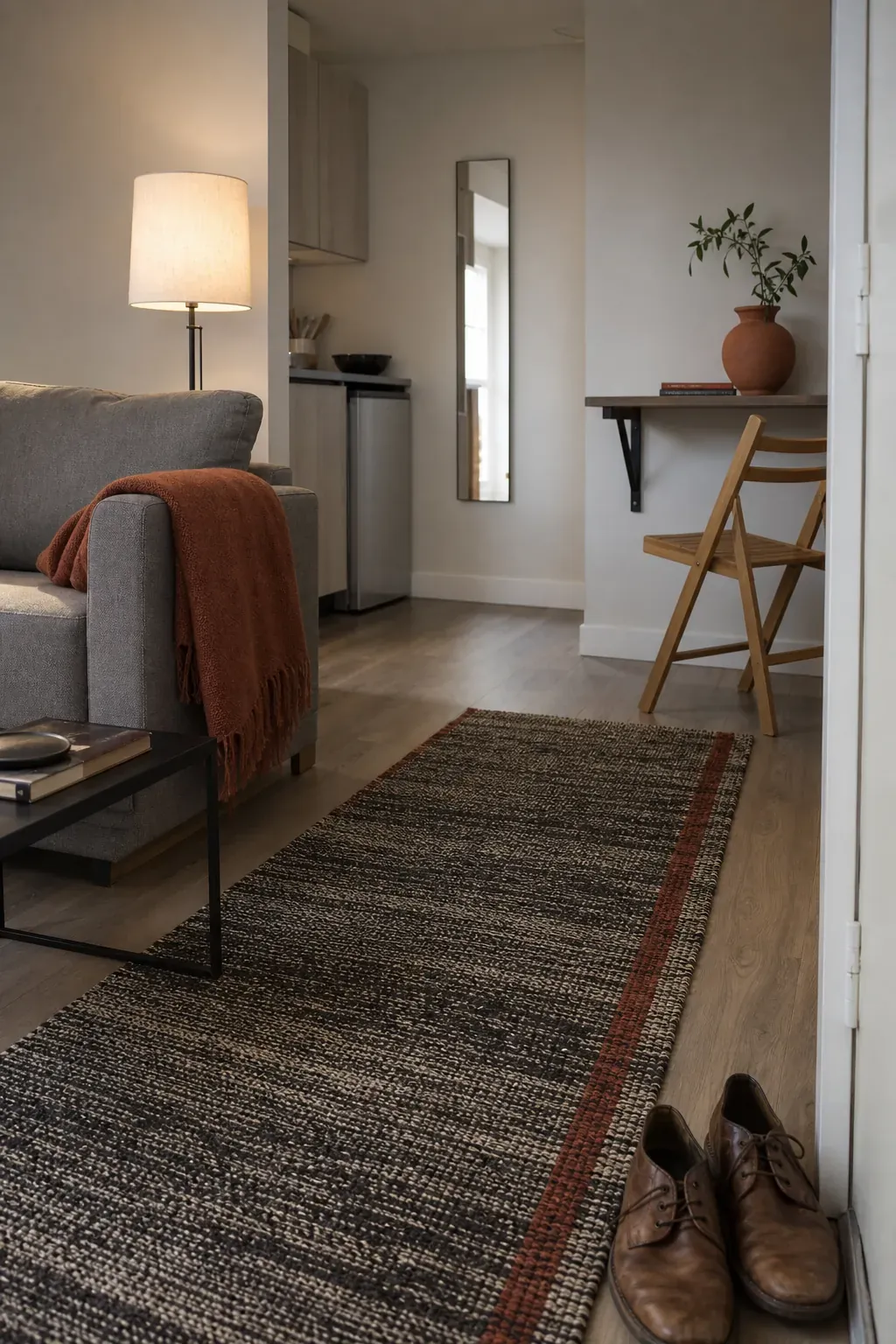 Small apartment repeating rust color at floor seat and eye level