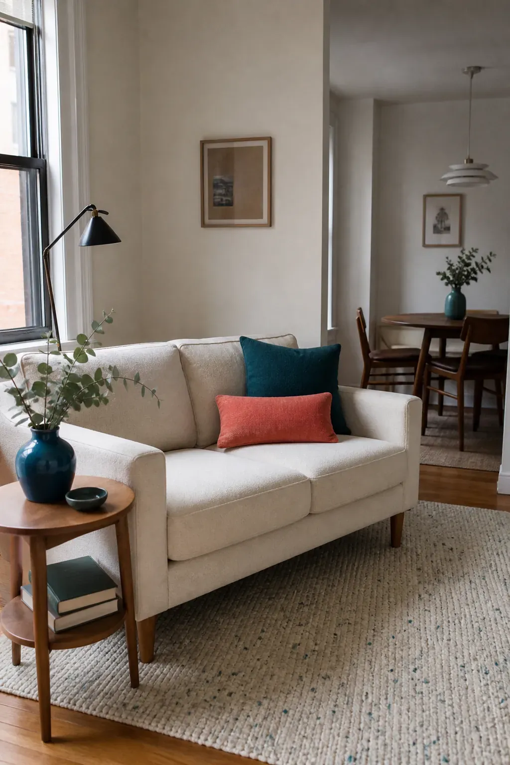 Small home living room with balanced teal and coral accent colors