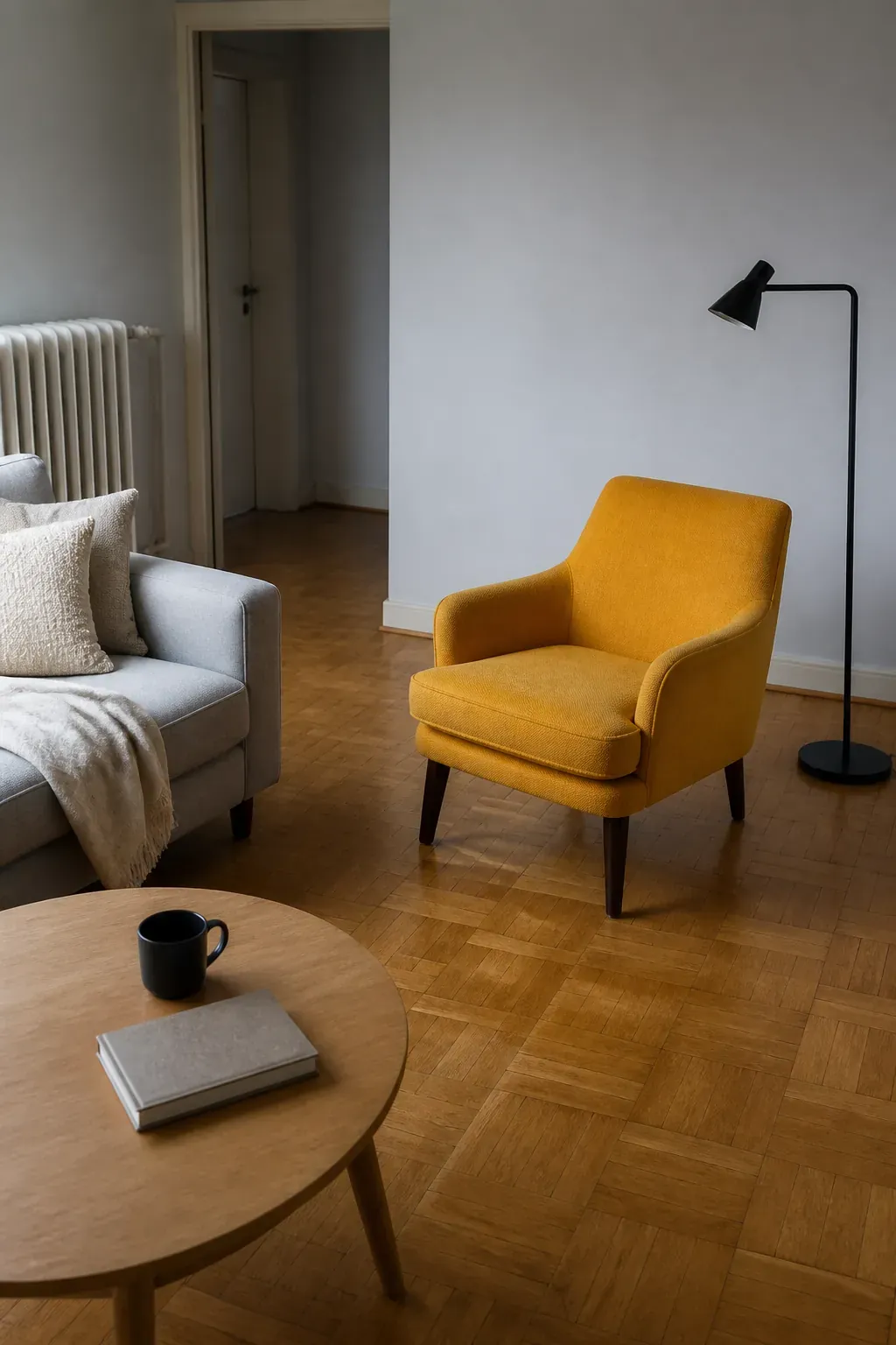 Minimal small living room with one vivid yellow chair and generous visual space
