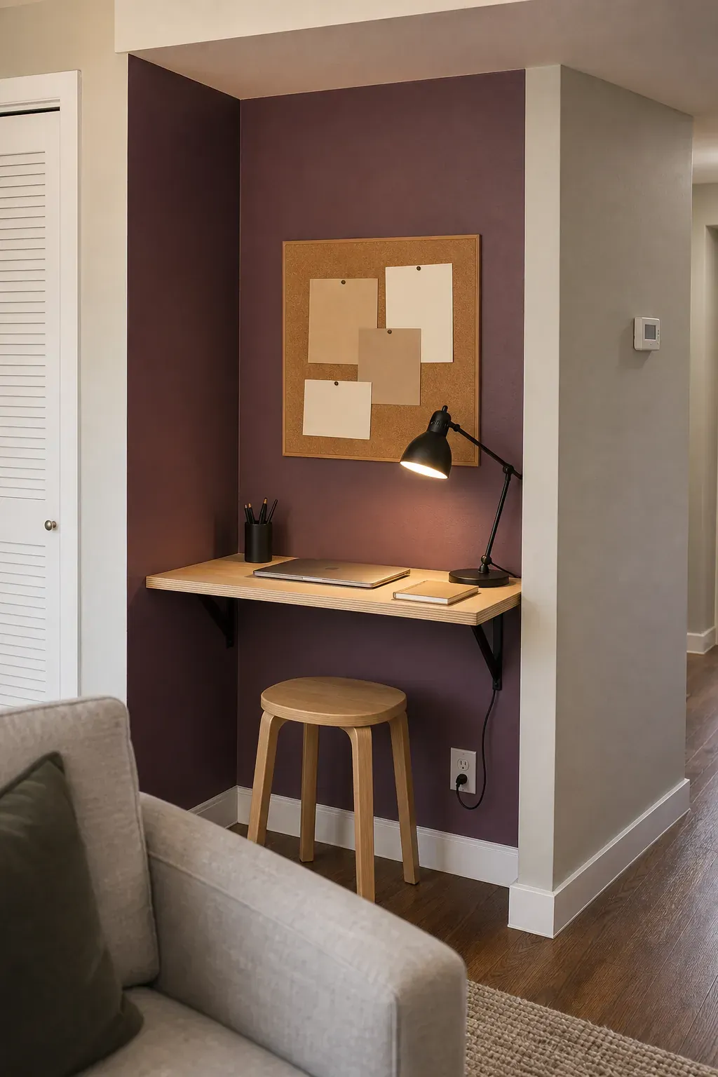 Compact home office nook defined by a muted plum painted recess