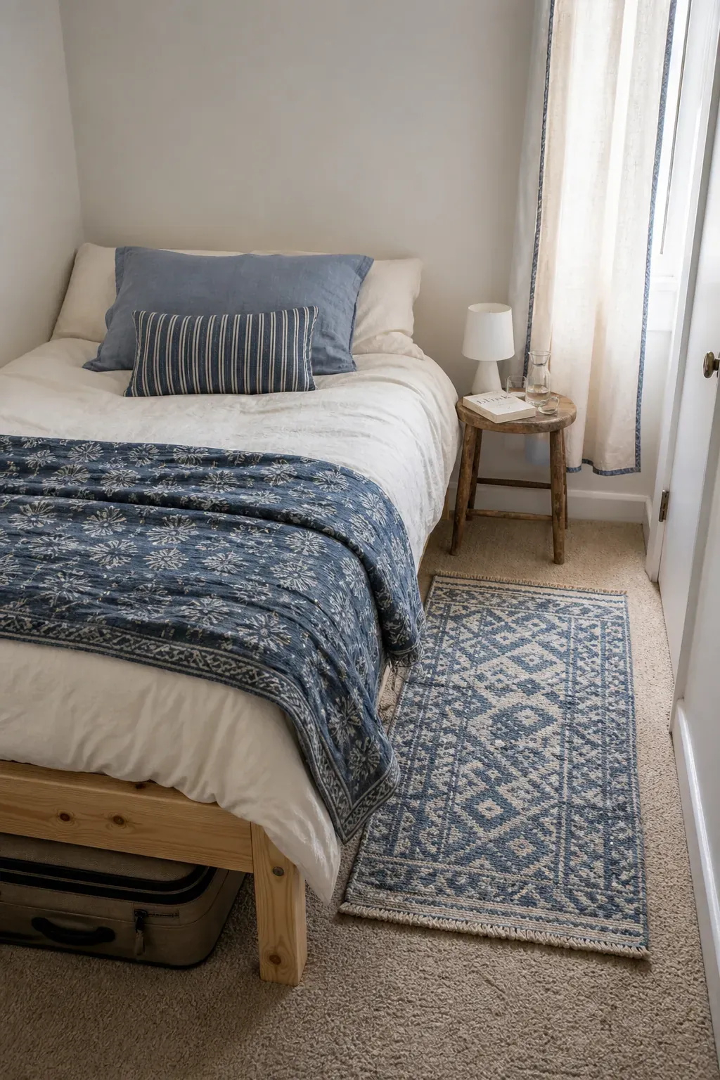 Renter friendly bedroom colored with removable textiles and soft blue accents