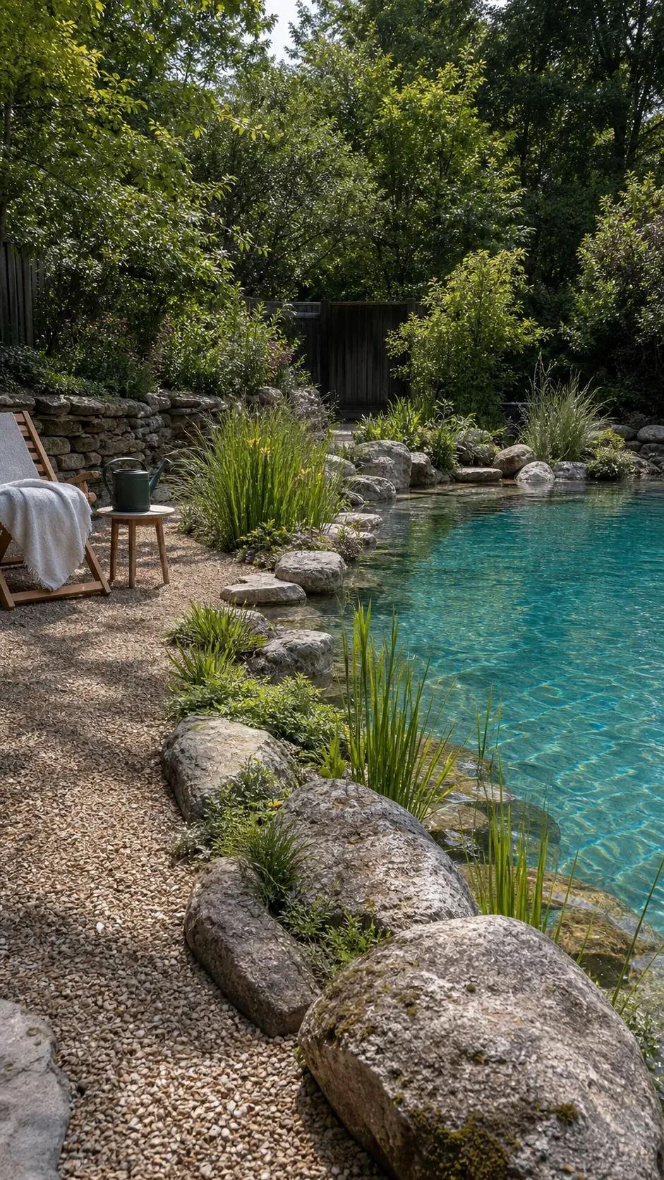 create a naturalistic pool edge garden pool design with practical backyard landscaping