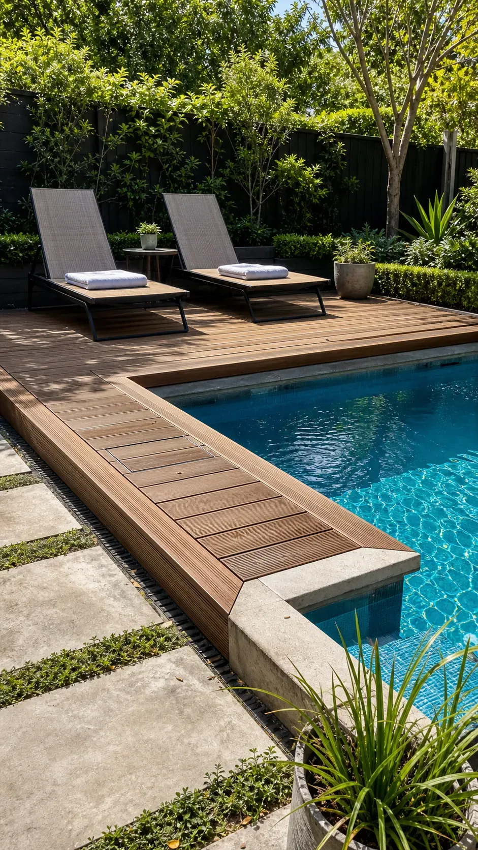 wrap one corner with a timber deck garden pool design with practical backyard landscaping