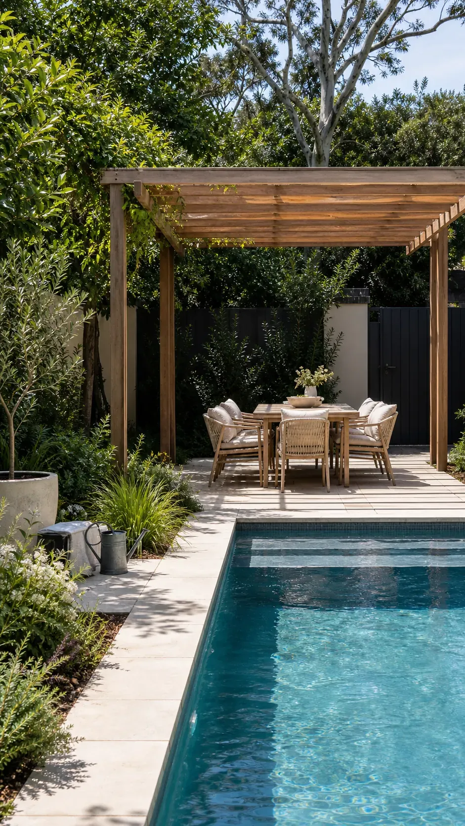 add a pergola for poolside shade garden pool design with practical backyard landscaping