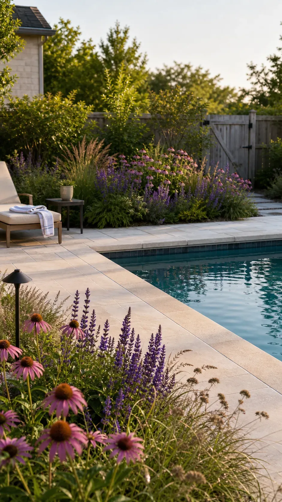 plant a pollinator border beyond the splash zone garden pool design with practical backyard landscaping