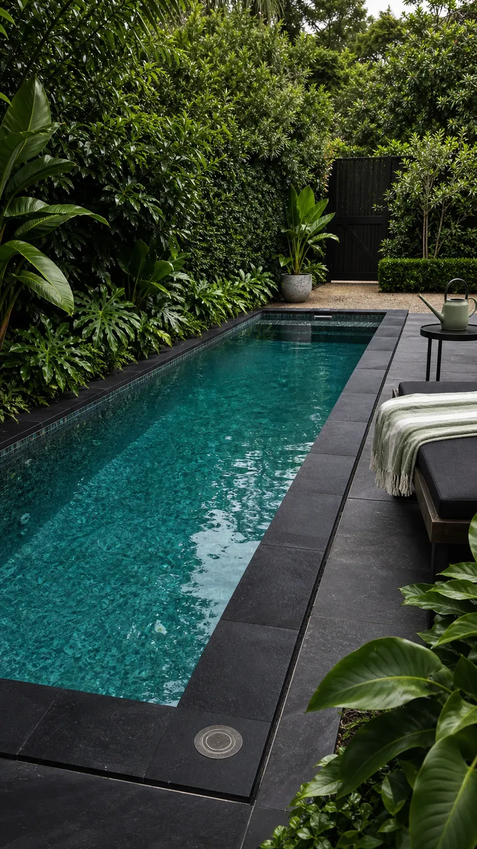 pair black coping with deep green planting garden pool design with practical backyard landscaping