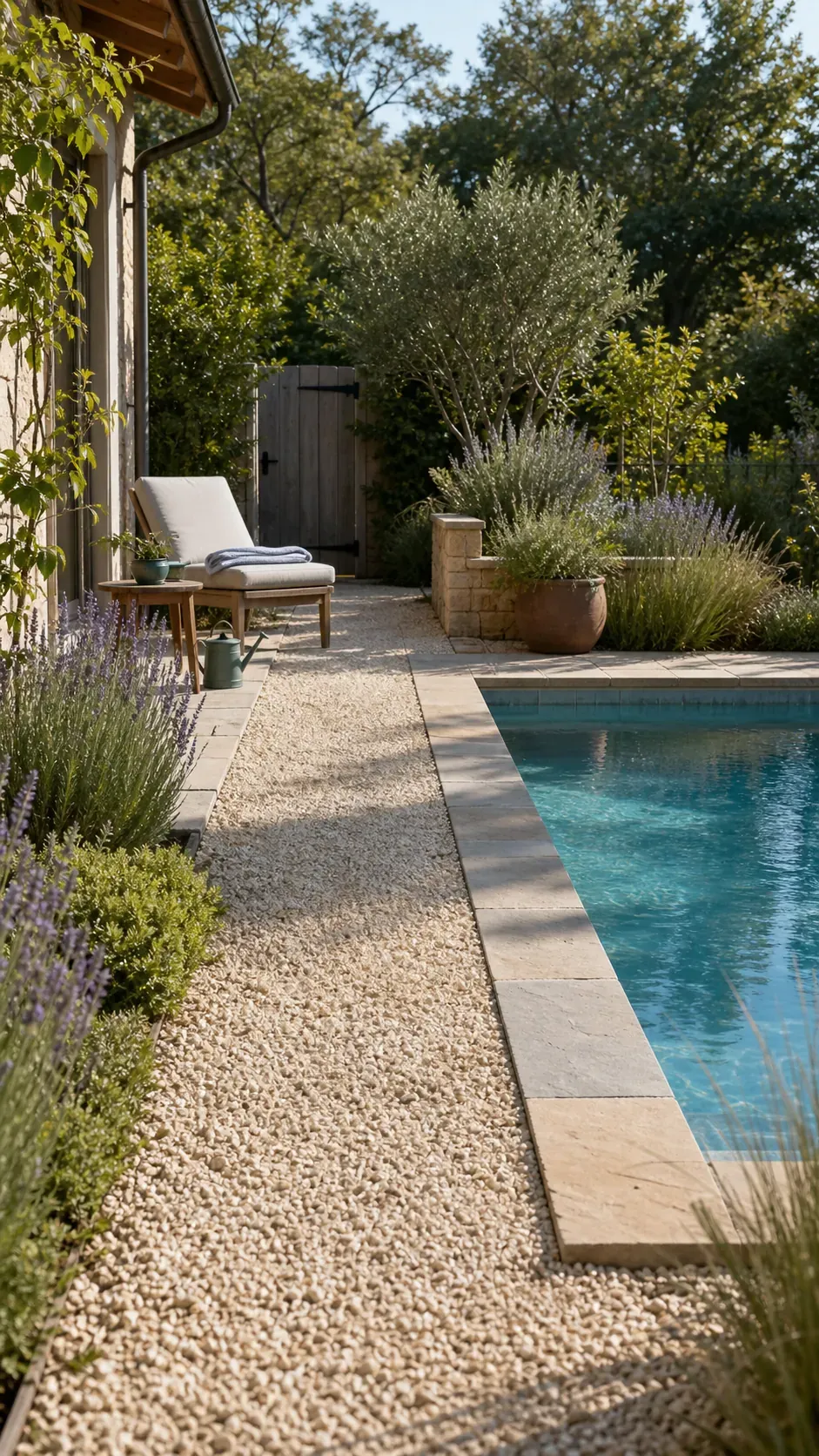 use gravel paths to soften hardscape garden pool design with practical backyard landscaping