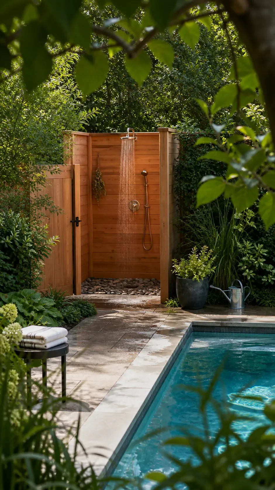 make room for an outdoor shower garden pool design with practical backyard landscaping