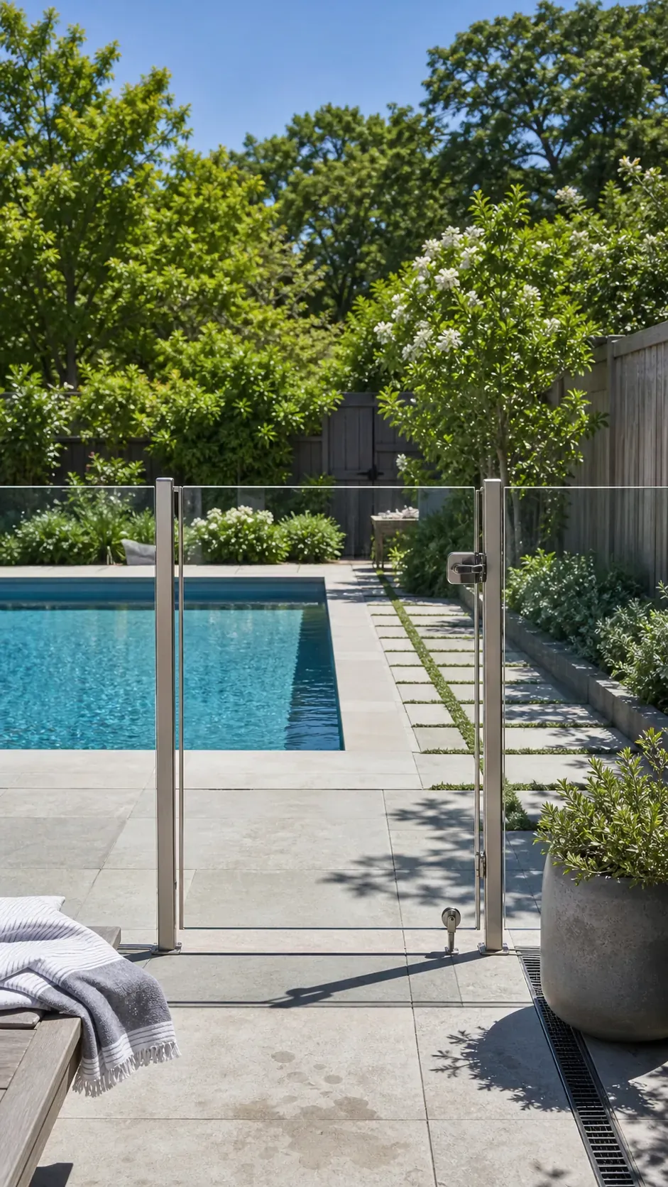 use a glass fence to preserve the view garden pool design with practical backyard landscaping