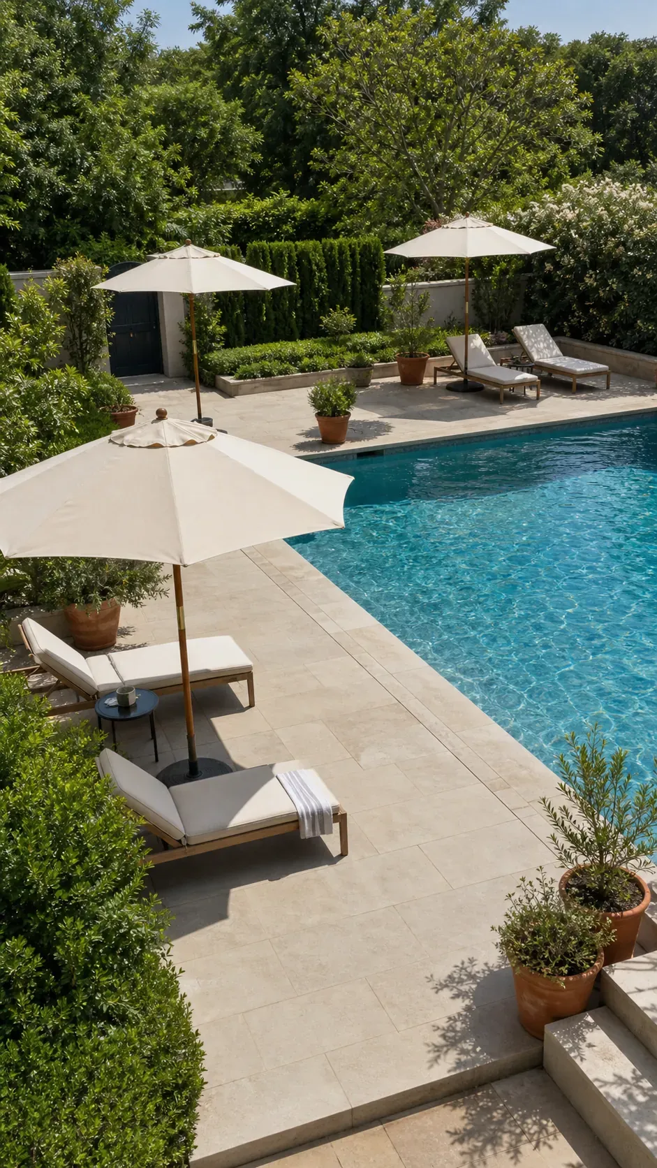 create resort mood with an umbrella cluster garden pool design with practical backyard landscaping