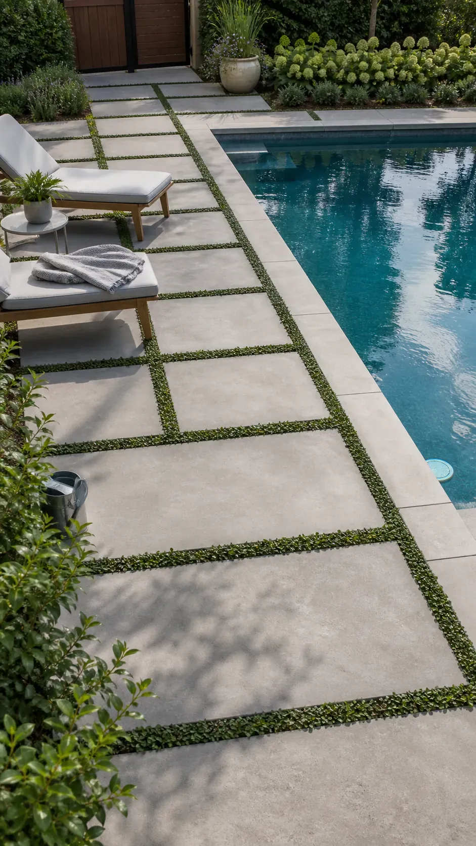 mix large pavers with green joints garden pool design with practical backyard landscaping