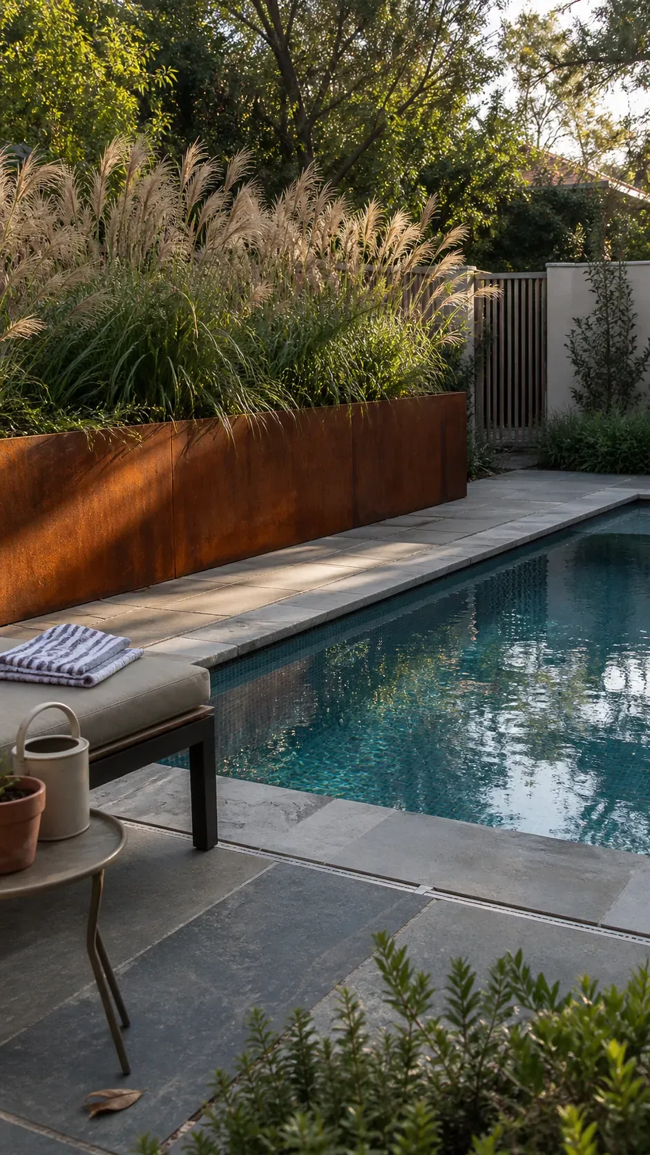 use corten steel for warm garden contrast garden pool design with practical backyard landscaping