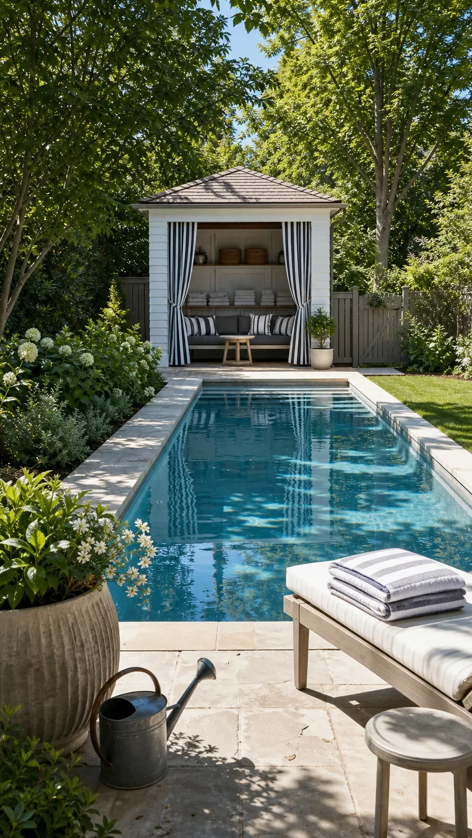 use a cabana as the visual anchor garden pool design with practical backyard landscaping
