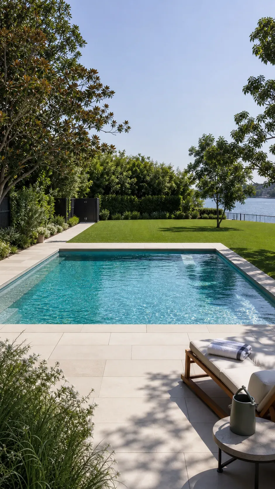 reserve an open play lawn beside the water garden pool design with practical backyard landscaping