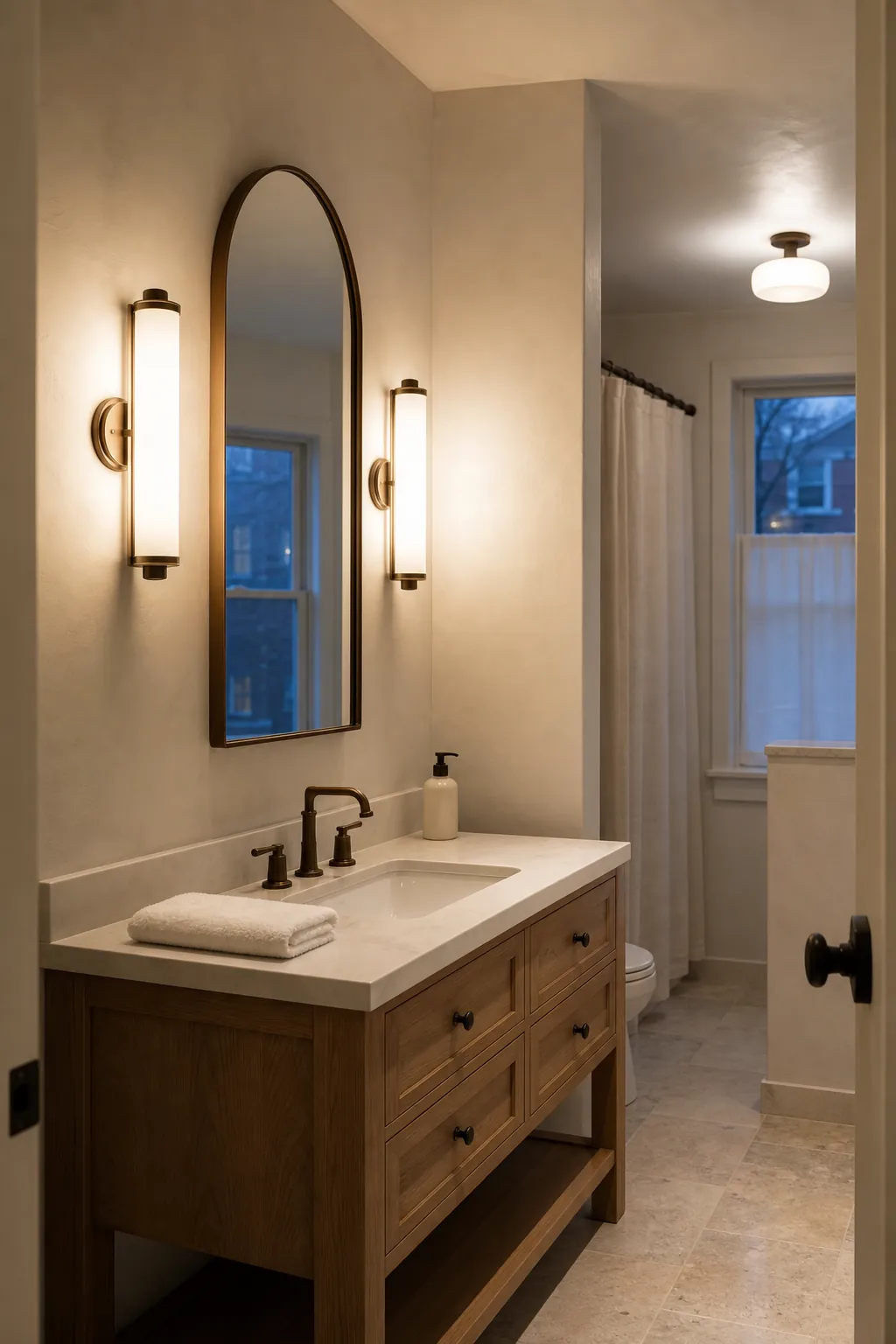 Soft layered bathroom vanity lighting with diffused sconces and warm neutral color