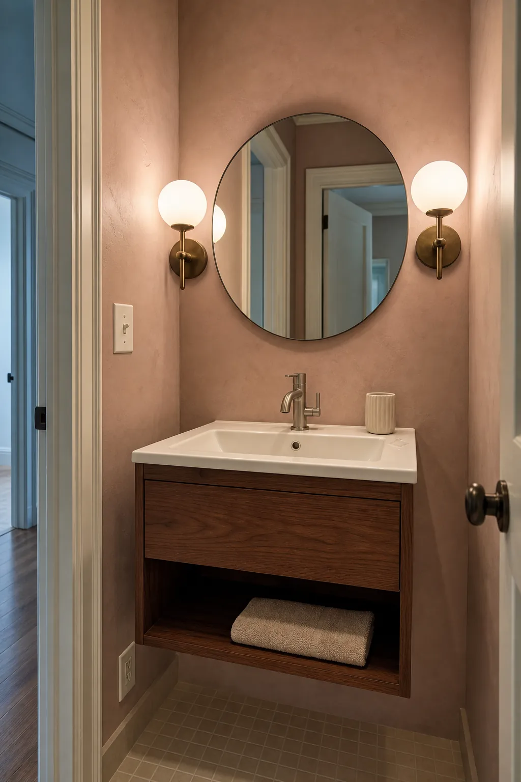 Opal globe sconces beside a round bathroom vanity mirror