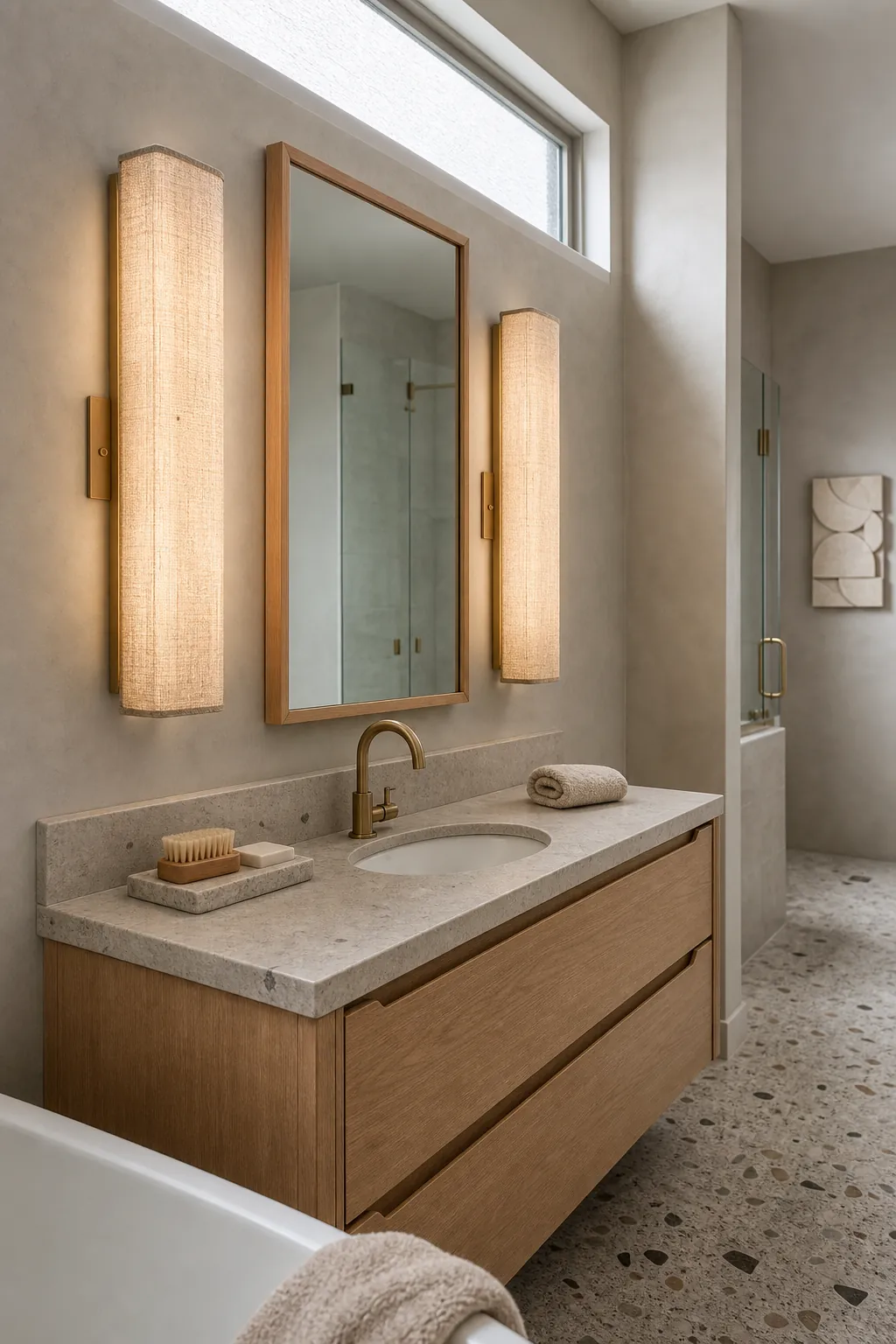 Vertical linen shade vanity lights creating soft bathroom illumination