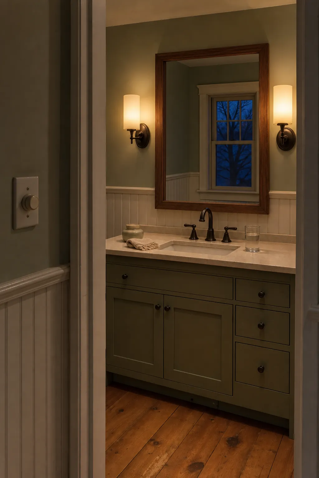 Warm-dim bathroom sconces creating flexible evening vanity lighting
