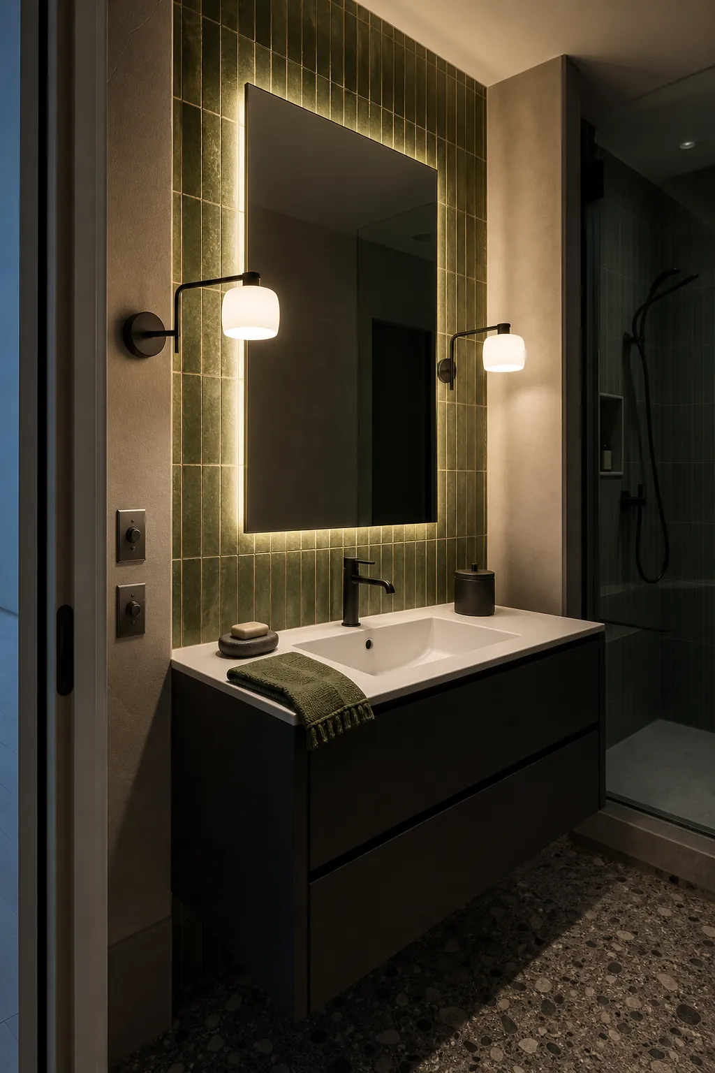 Backlit bathroom mirror paired with separate face lighting