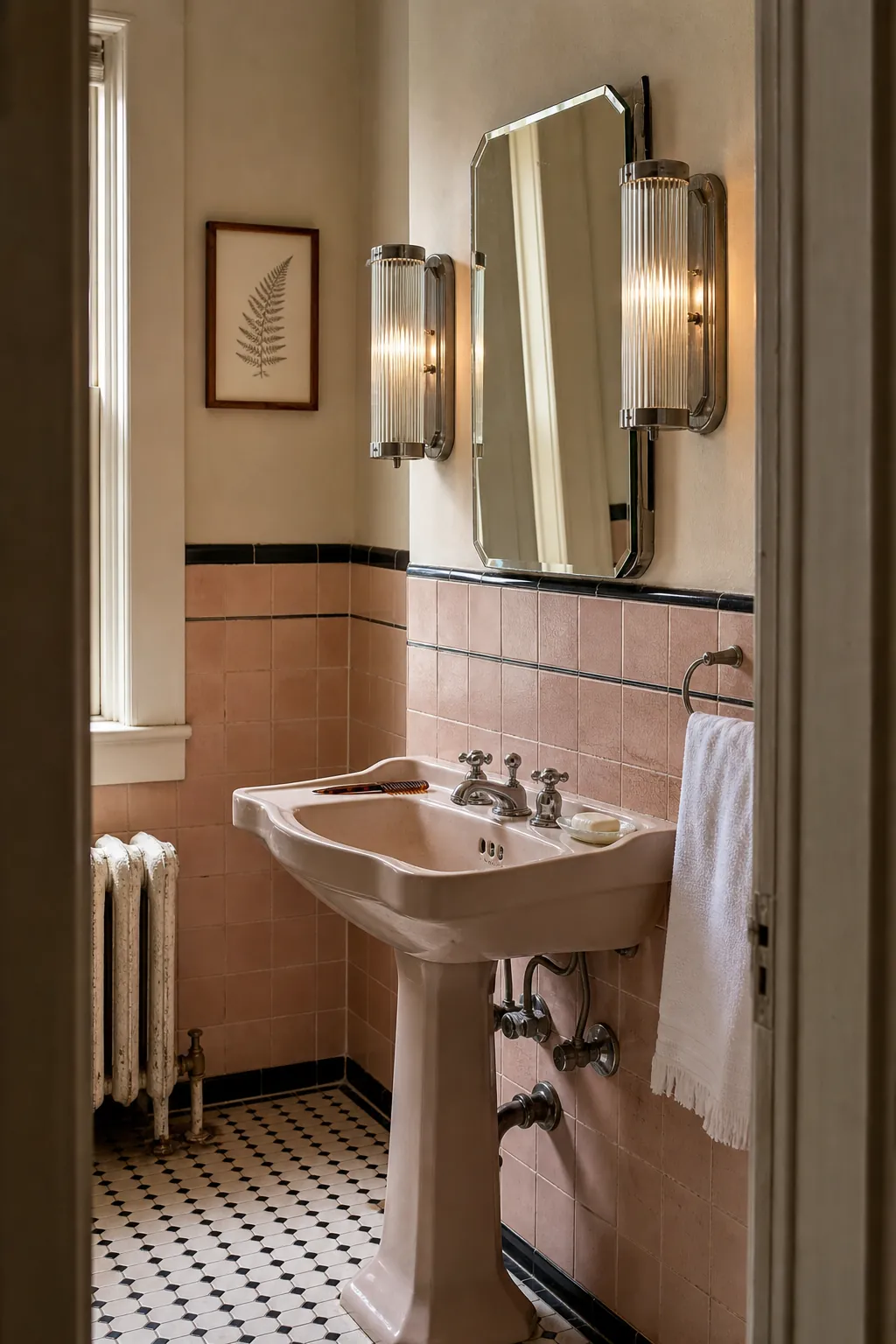 Reeded glass vanity sconces softly diffusing light