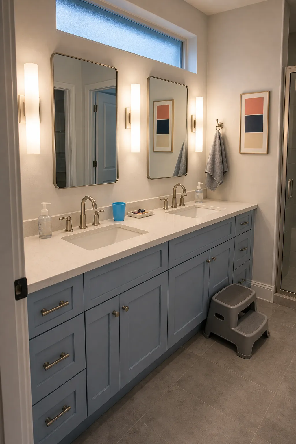 Three balanced sconces across a double bathroom vanity