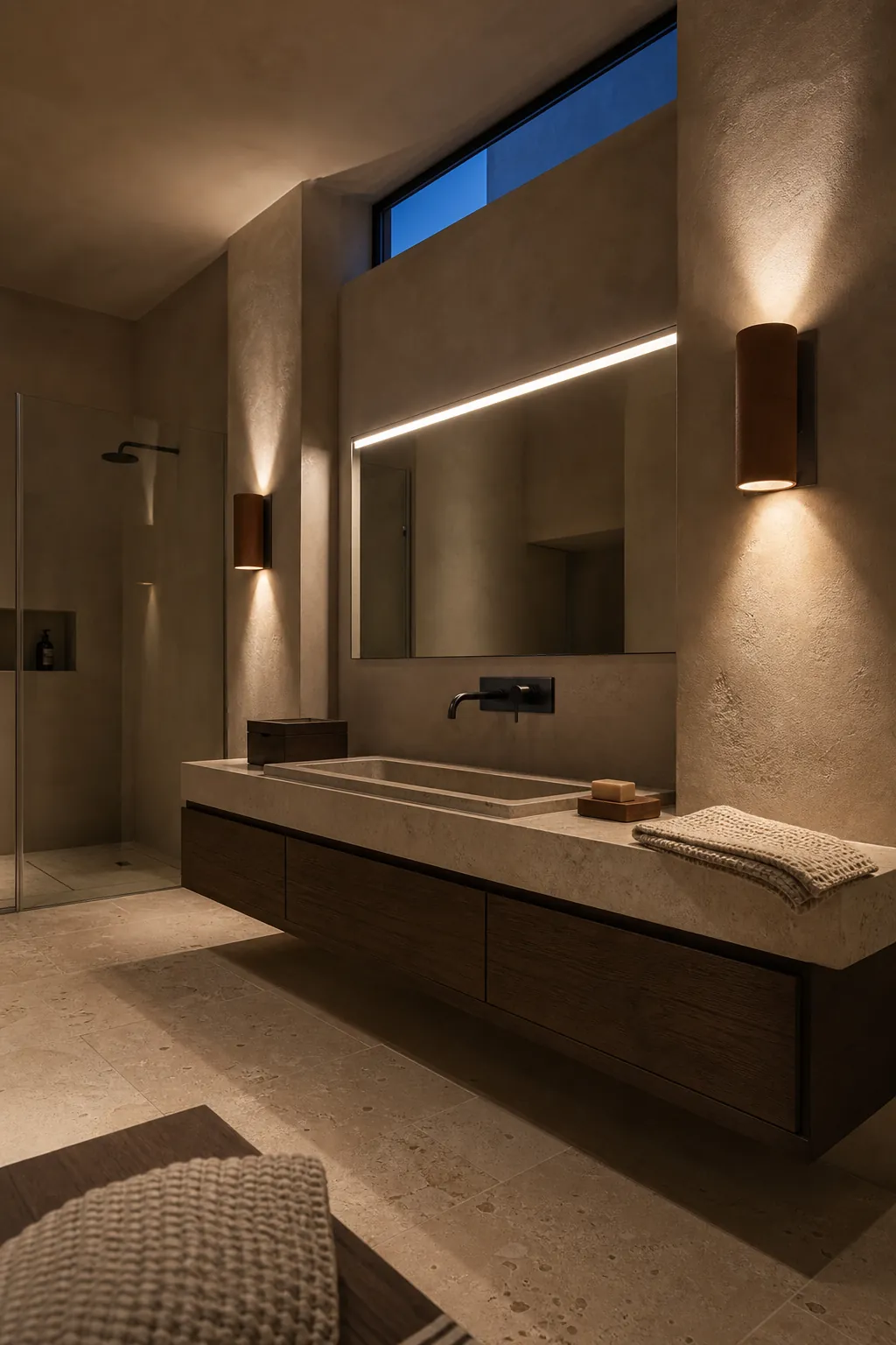 Up-and-down wall lights adding layered glow near a bathroom vanity