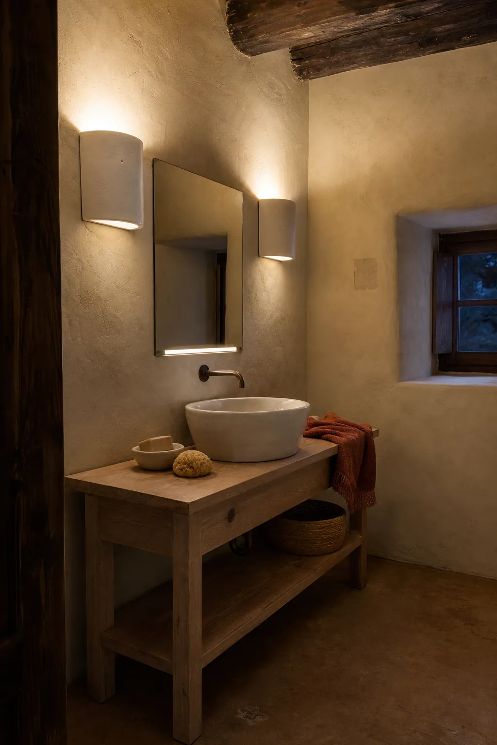 Ceramic sconces bouncing soft light near a bathroom vanity