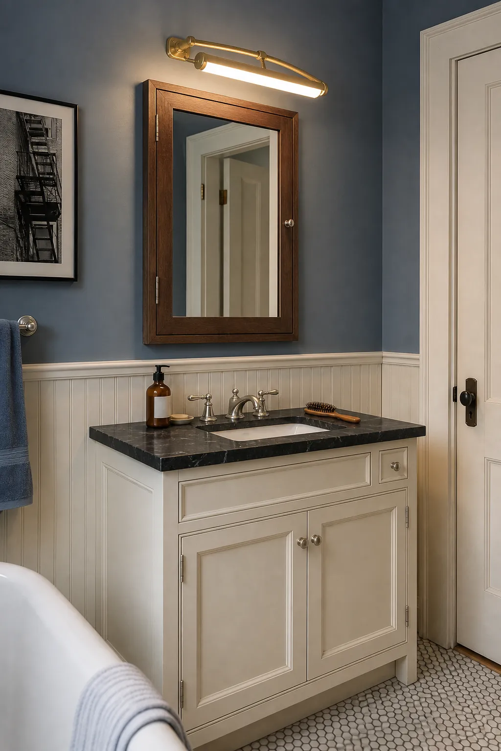 Low-profile picture light above a bathroom medicine cabinet
