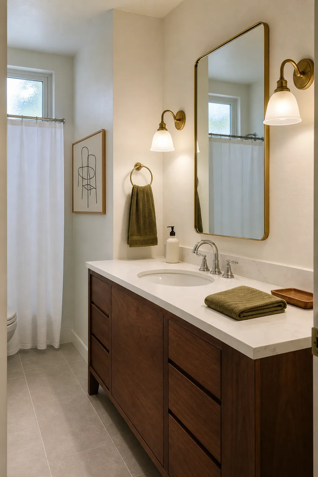 Aged brass and milky glass bathroom vanity lights