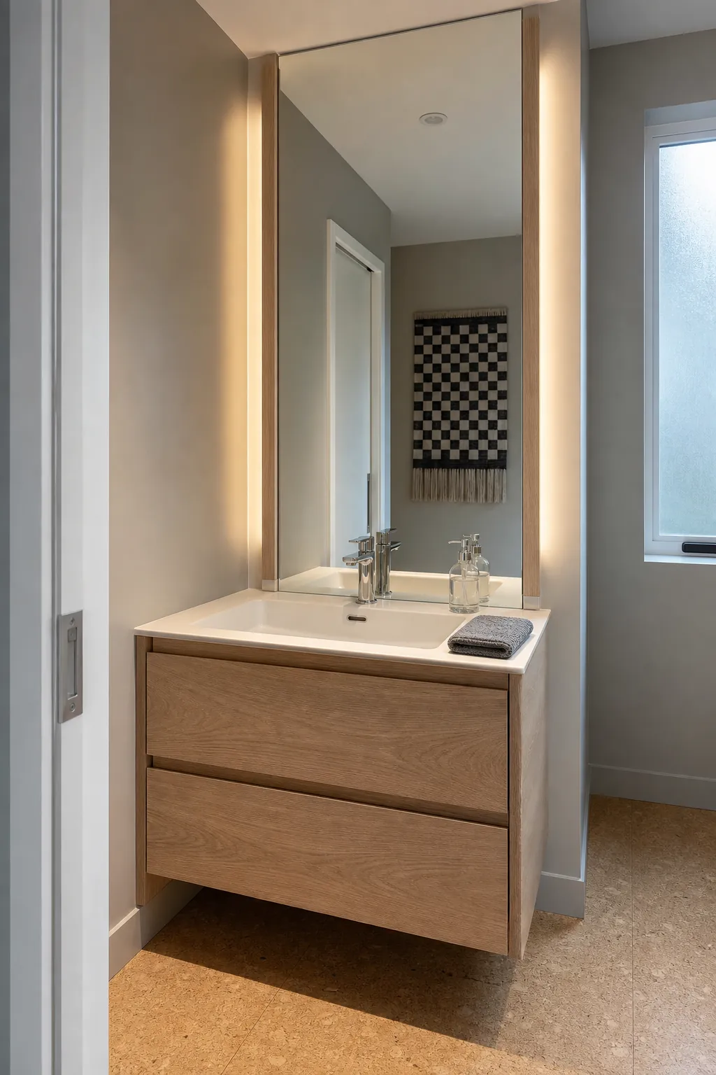 Concealed LED strips glowing behind bathroom mirror side trim