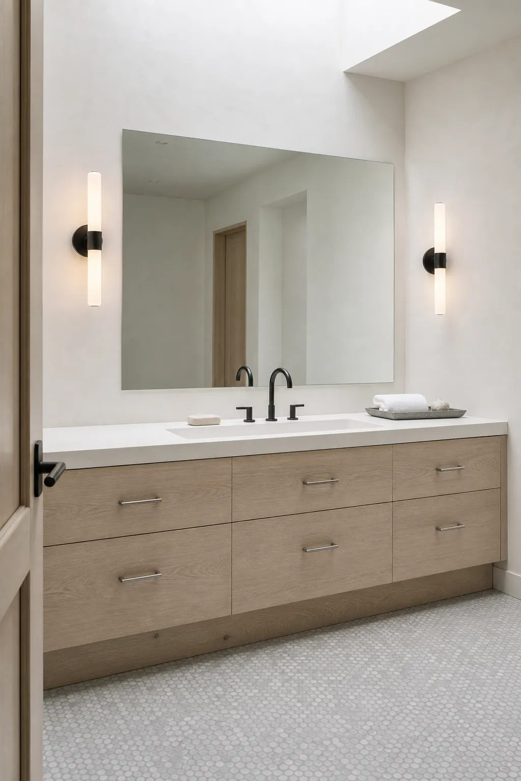 Matte black diffused sconces against pale bathroom walls