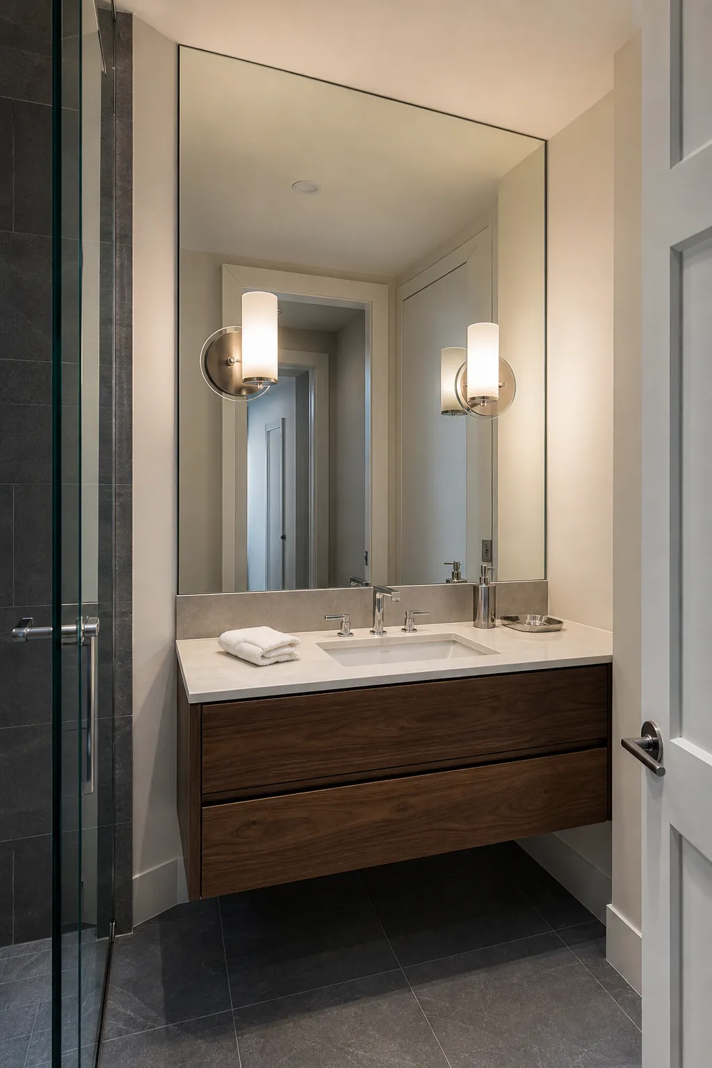Diffused vanity sconces mounted through a large mirror panel