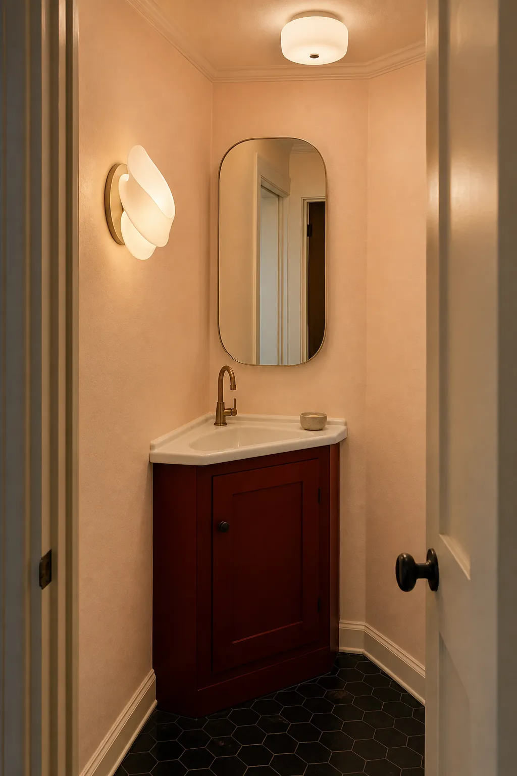 Single sculptural sconce softly lighting a tiny powder room vanity