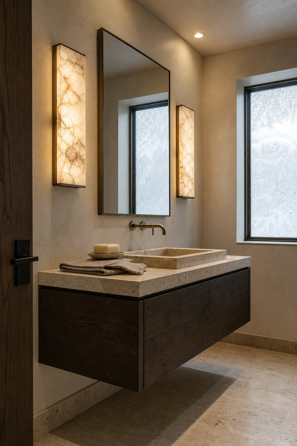 Translucent alabaster sconces glowing beside a bathroom vanity