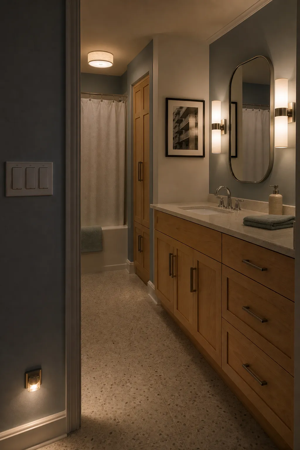 Layered ceiling and vanity lights creating a soft bathroom mood