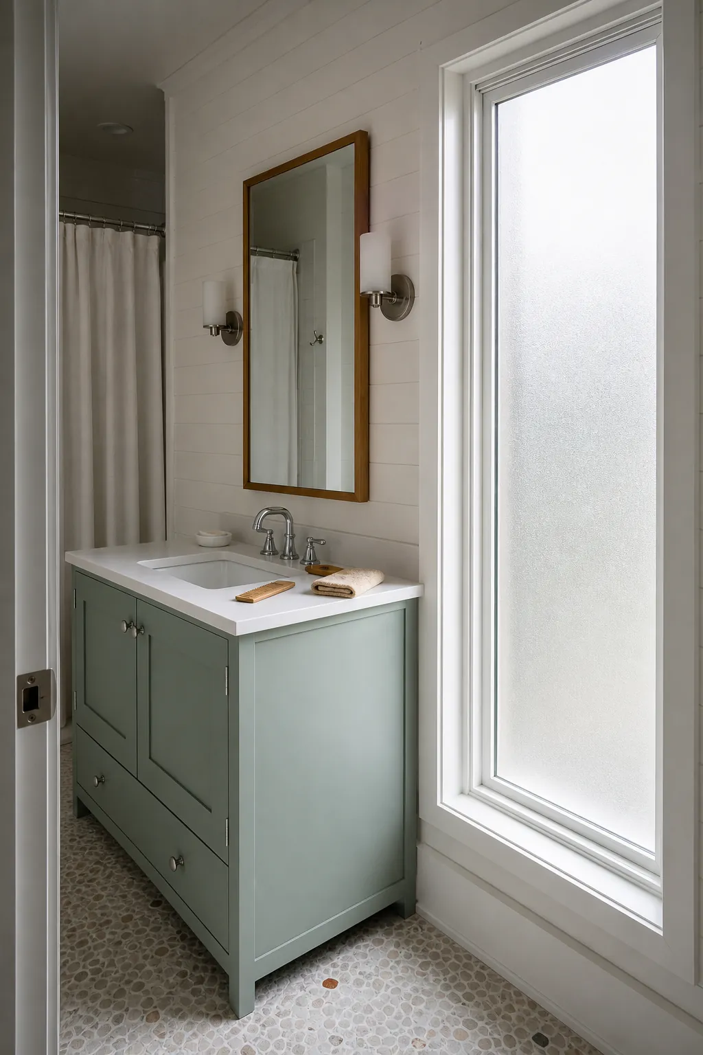 Bathroom vanity mirror using soft daylight from a nearby window