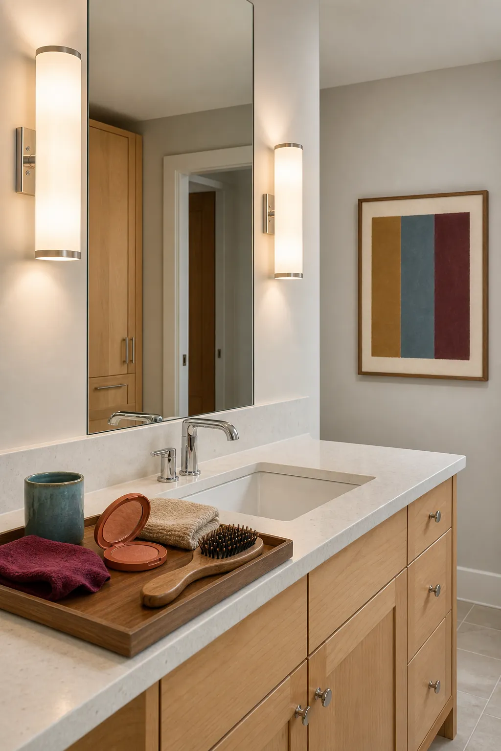 High-CRI vanity lighting showing natural bathroom colors