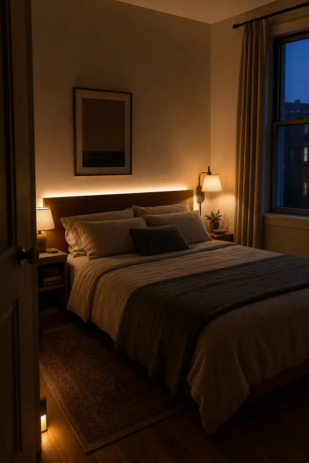 Small bedroom layered with soft lamps and warm wall glow at night