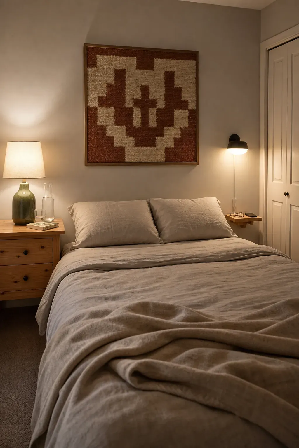 Small bedroom balanced with different bedside lamp styles