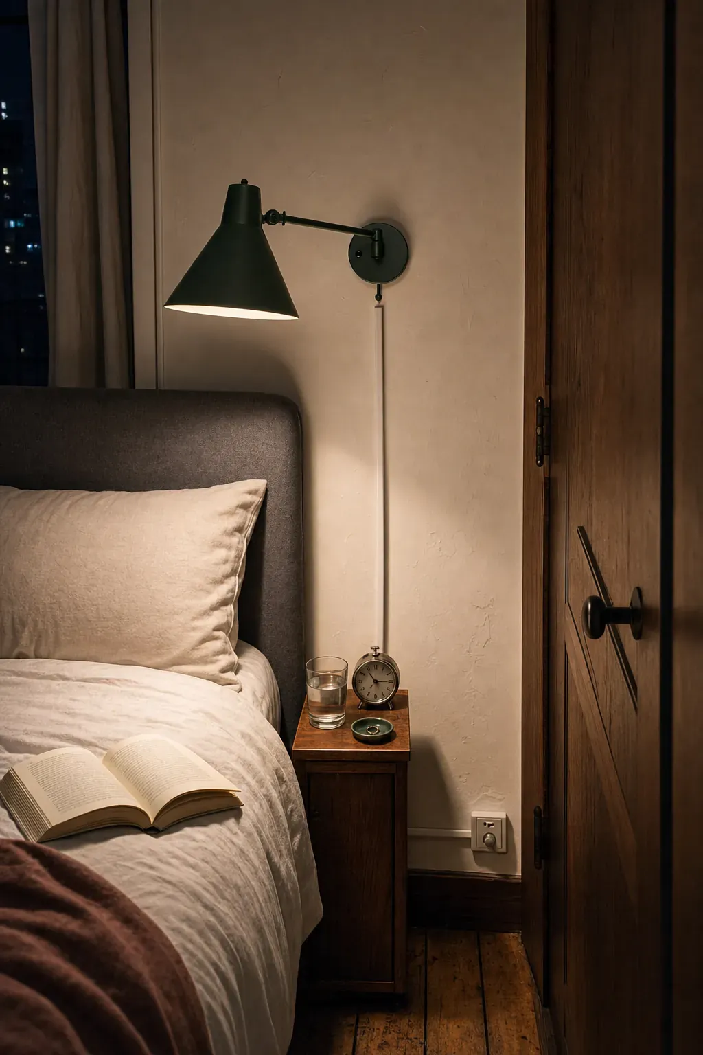 Plug-in wall sconce above a narrow bedroom nightstand