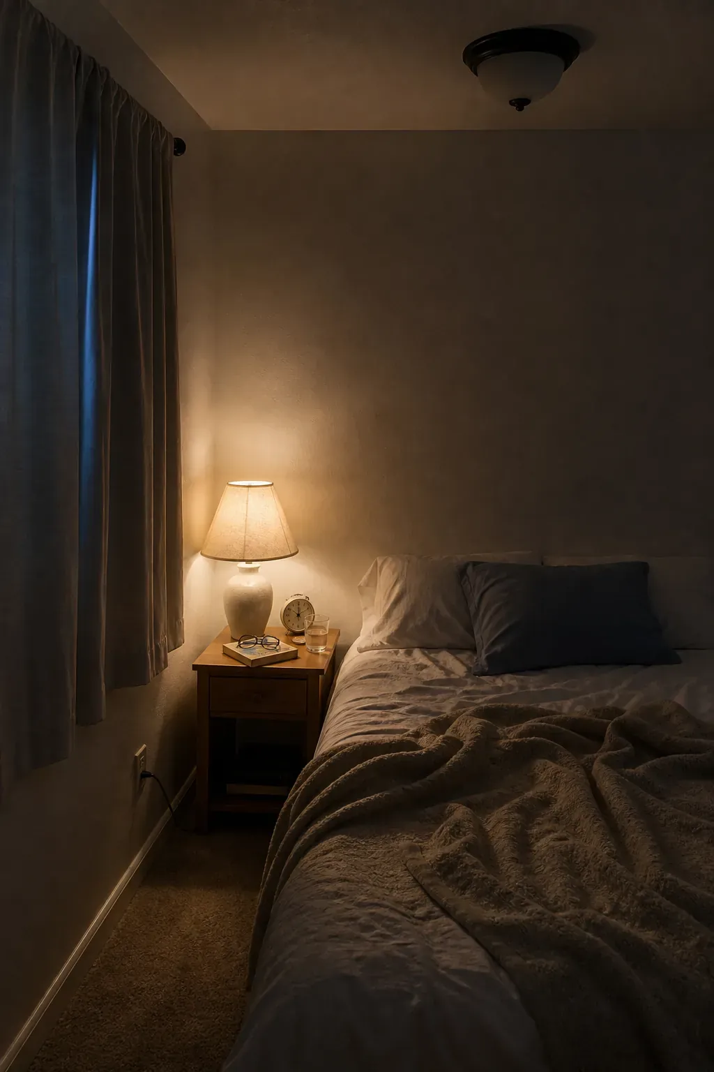 Small bedroom with a softly shaded bedside lamp