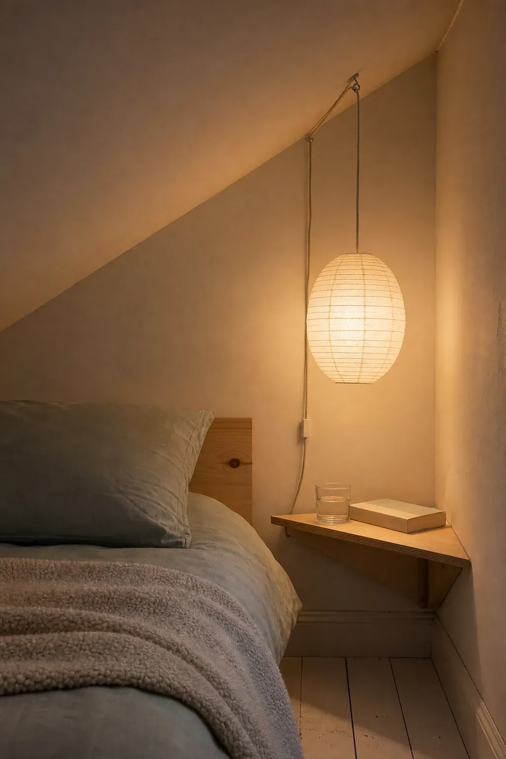 Compact bedroom with a diffused pendant over one bedside corner