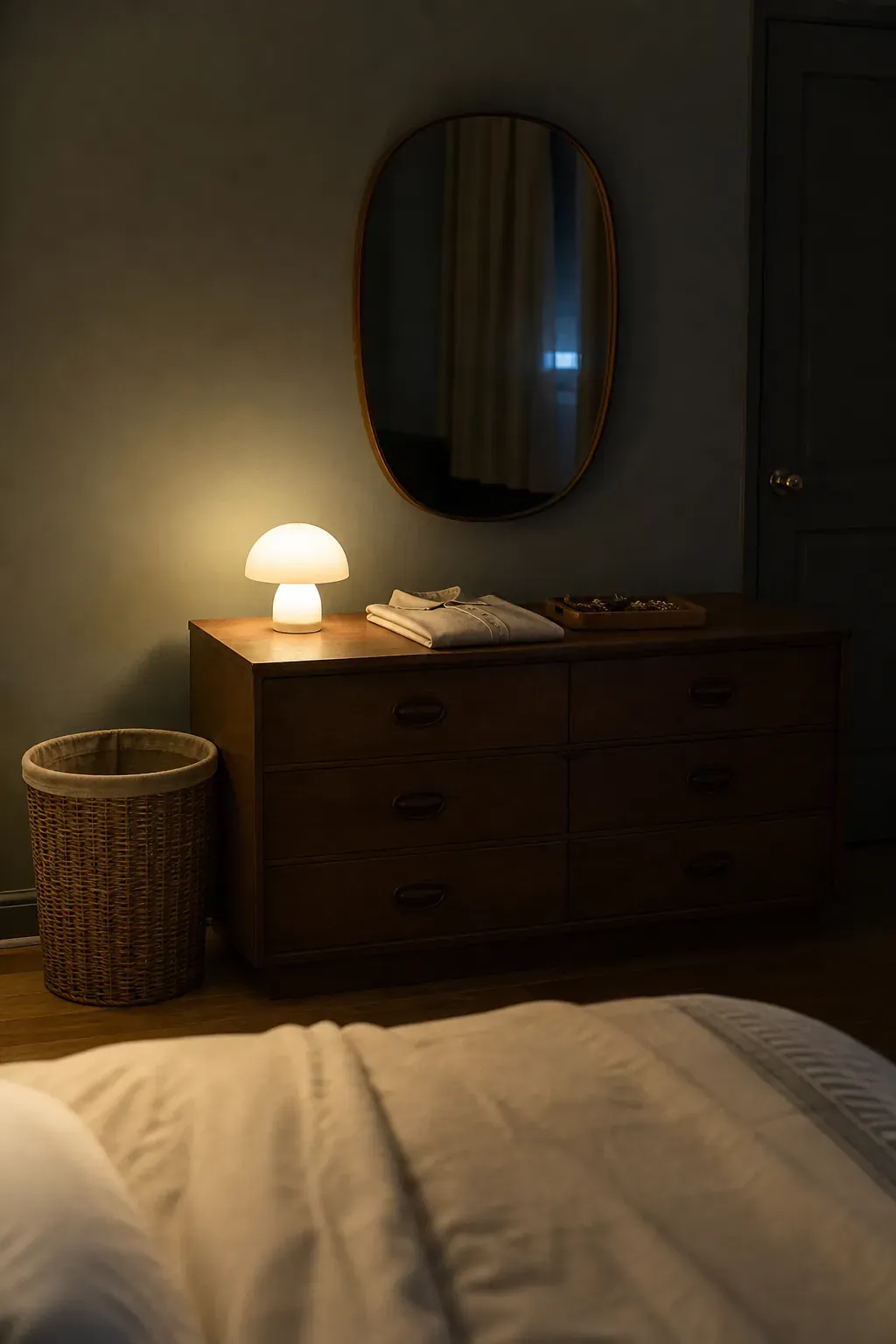 Low dresser lamp adding a second layer of bedroom light