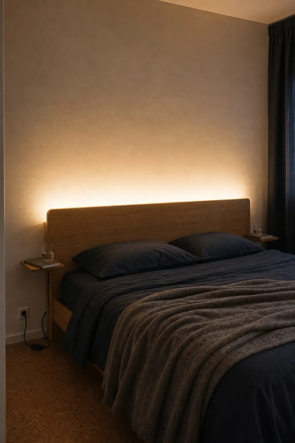 Indirect wall wash glowing behind a small bedroom headboard