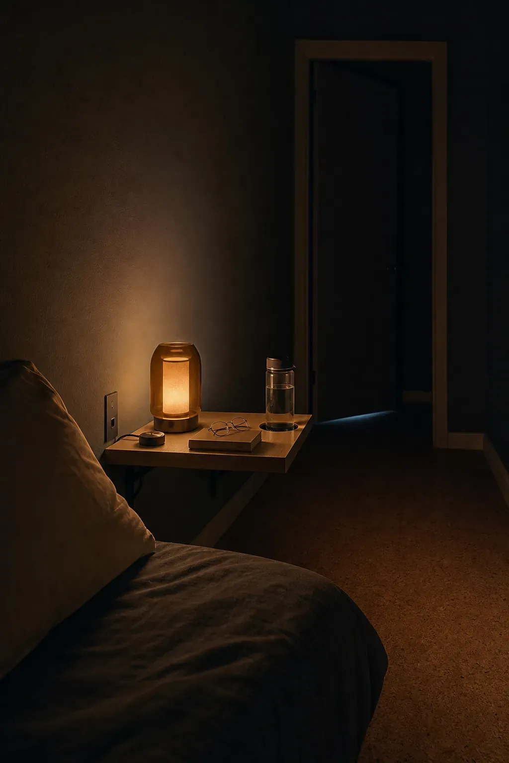 Bedside lamp dimmed to a gentle low nighttime level