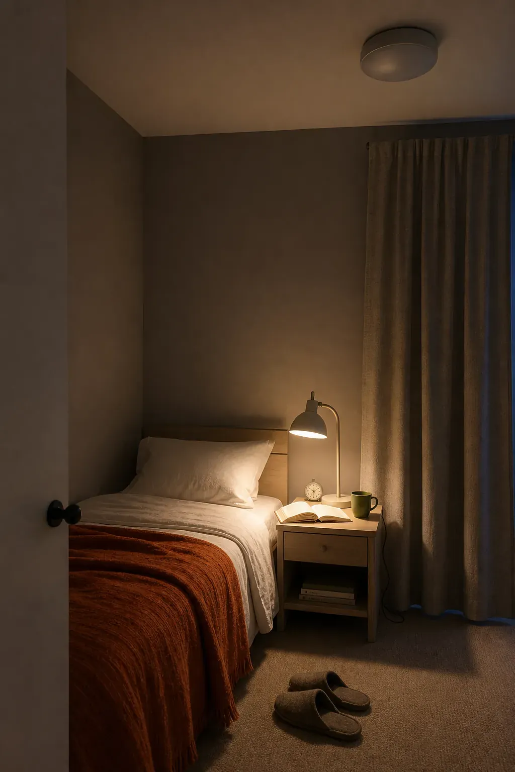 Warm bulb creating a soft nighttime mood in a small bedroom