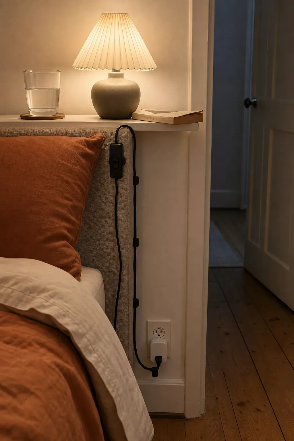 Reachable bedside light control in a compact bedroom