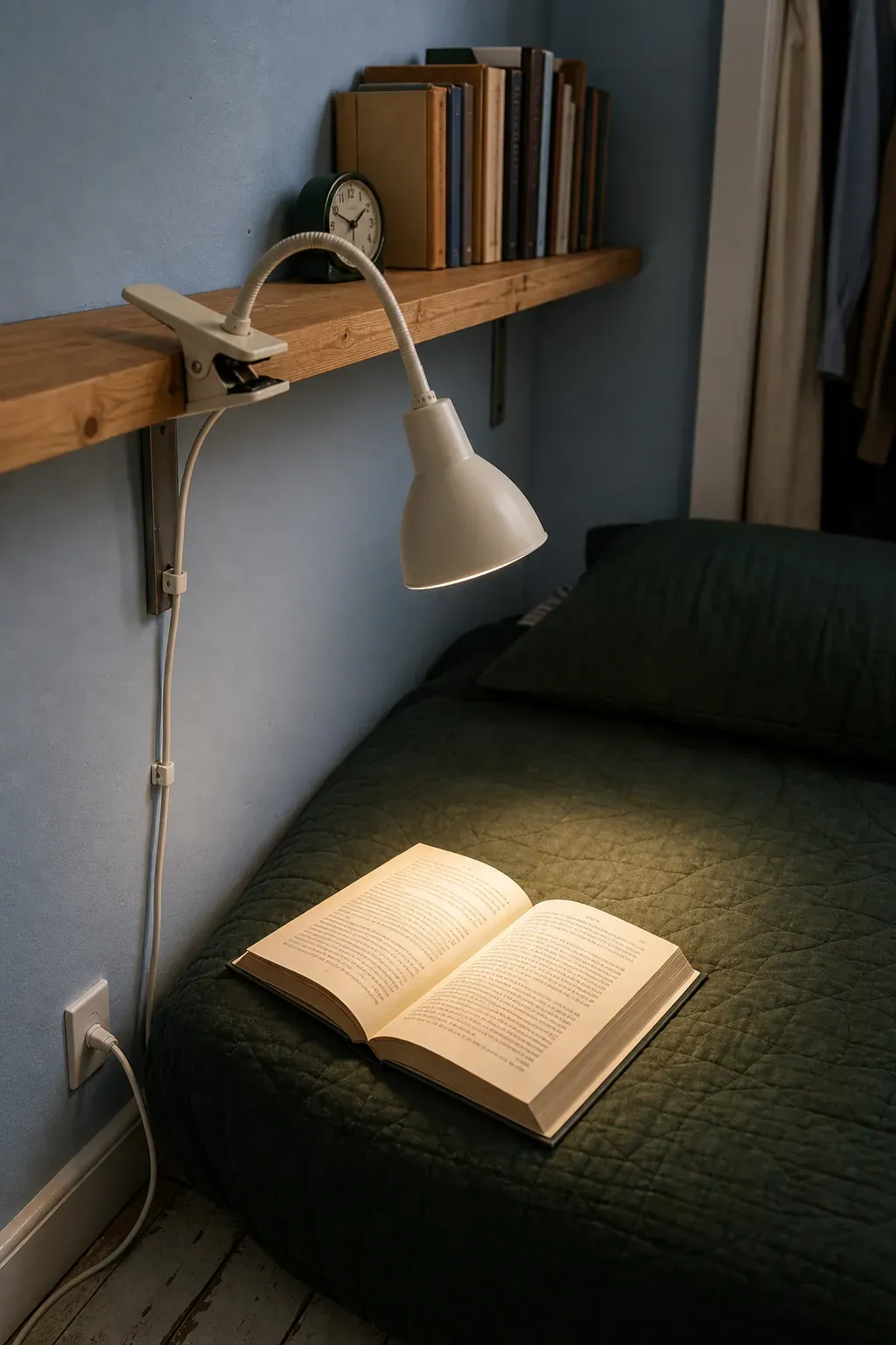 Clip reading lamp attached to a shelf beside a small bed