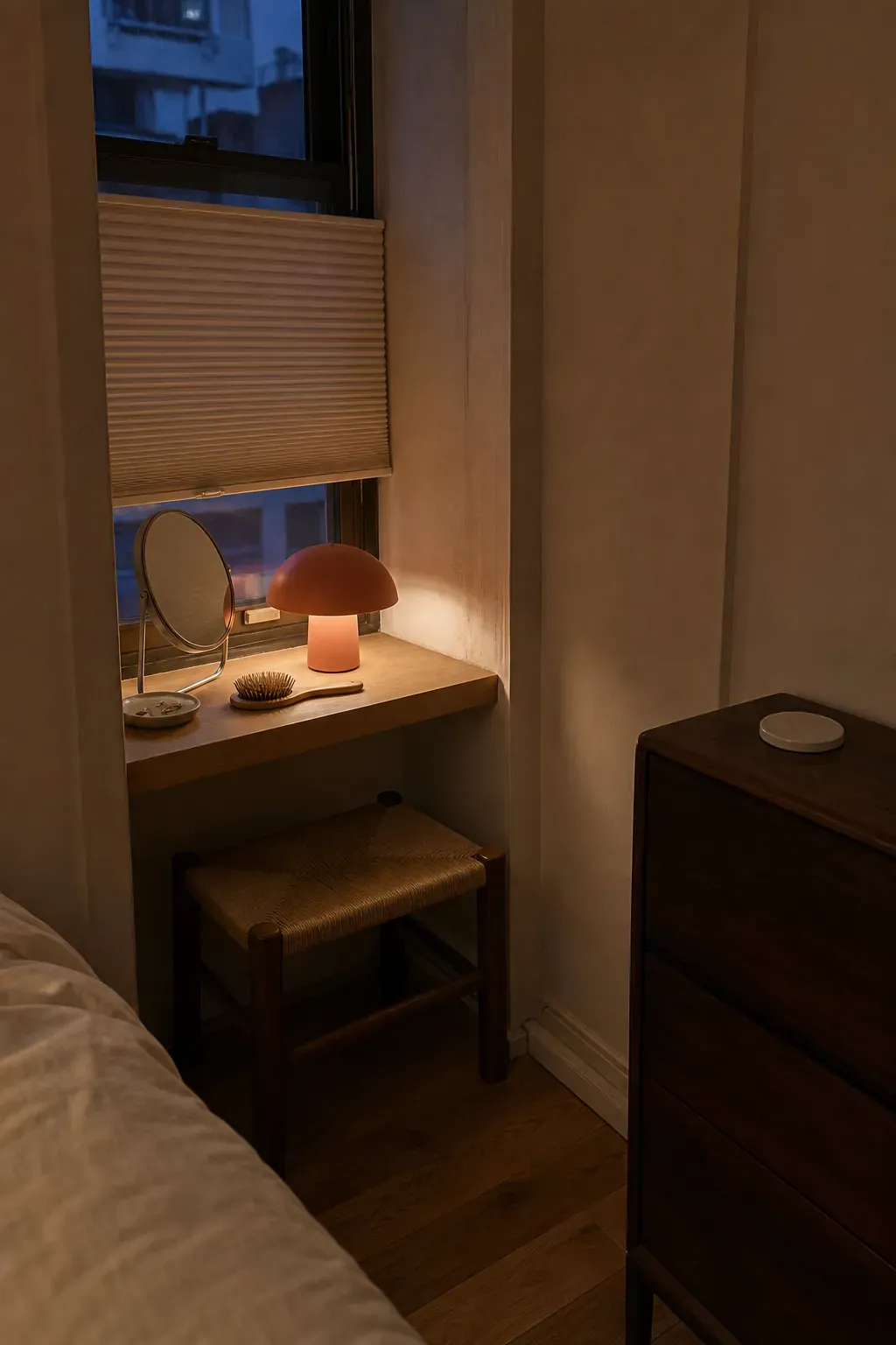 Rechargeable lamp glowing in an awkward bedroom nook