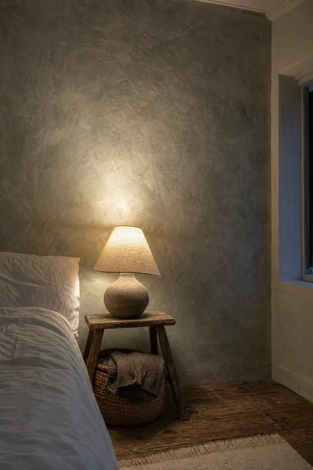 Soft side light revealing a limewash bedroom wall texture